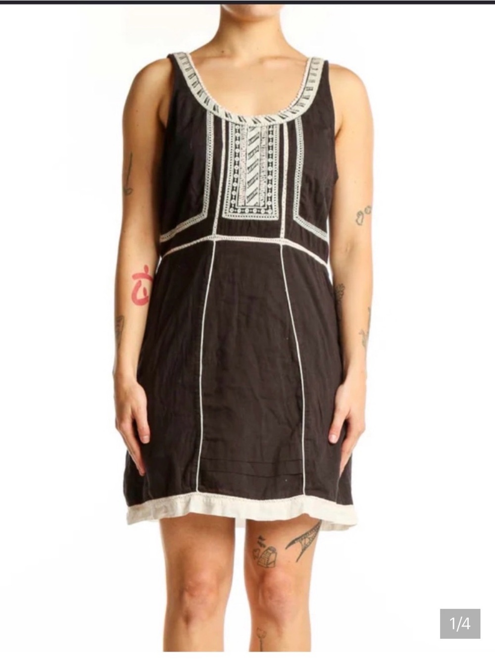 Free people Black Embroidered Shift Dress with White Trim